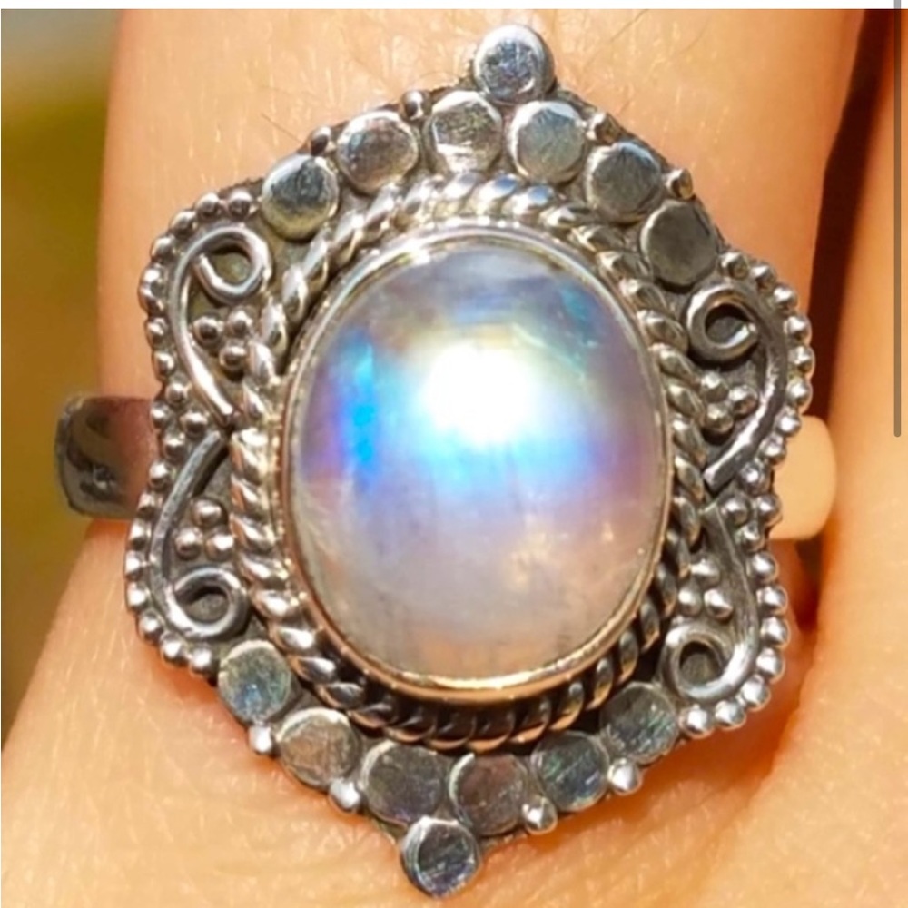 Genuine Rainbow Moonstone Sterling Silver Ring